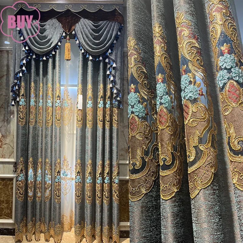 

Grey Embroidered Window Screen Hollowed Out Chenille Curtains for Living Room Bedroom French Window Balcony Villa Customized