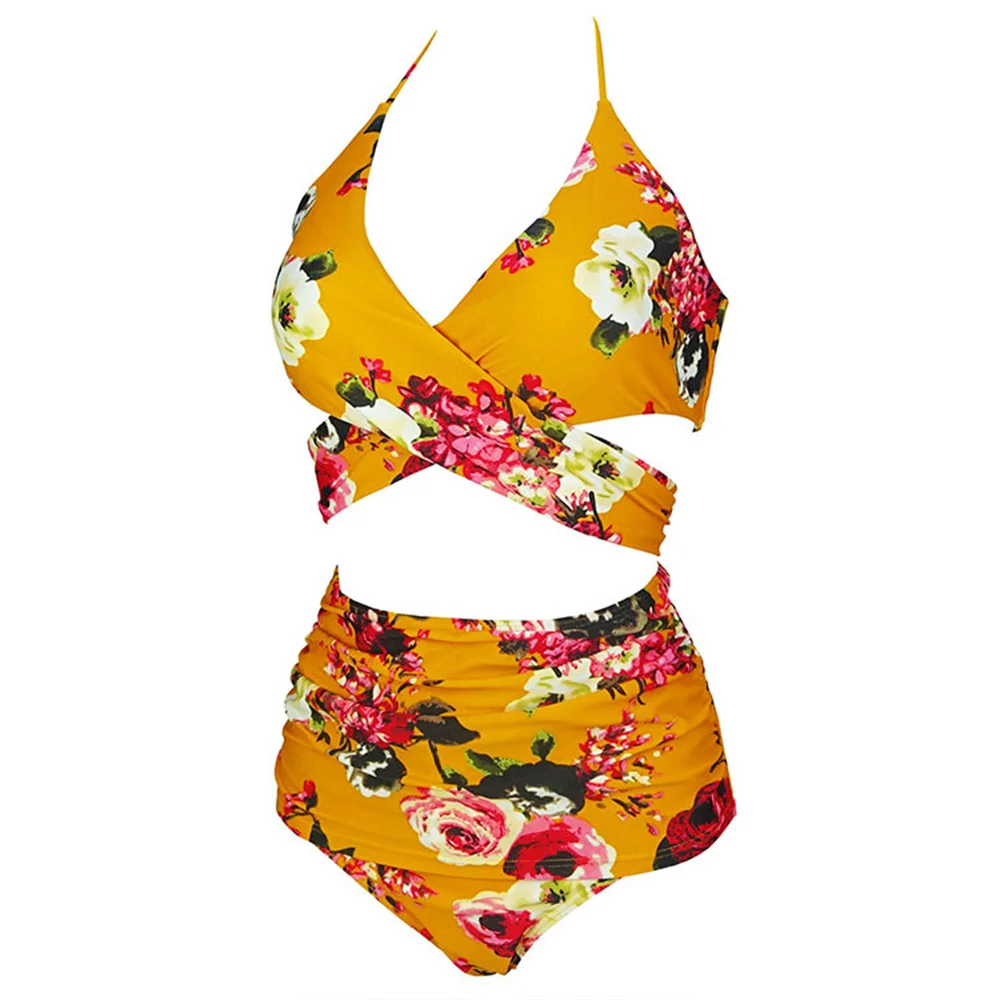 

2024 High-waisted bikini print Slimming two-piece swimsuit halter strap swimsuit