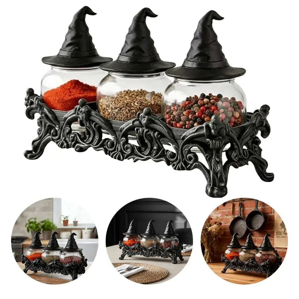 Handcrafted Witchy Hat Spice Jar Set Gothic Halloween Apothecary Storage Jars Resin Rack with 3 Clear Glass Containers
