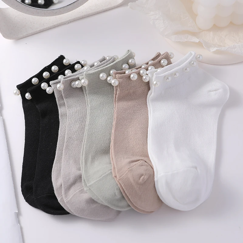 

Japanese Fashion Short Socks Women Female Solid Color Casual Simple Pearls Soft Girls Low Tube Socks Combed Cotton High-Quality