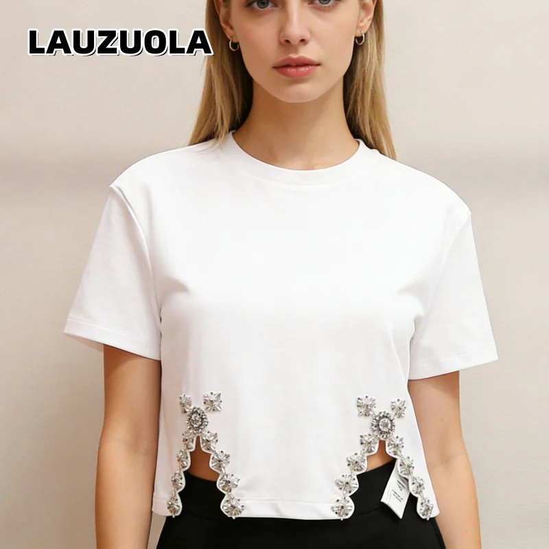 High Quality Summer White Rhinestone T-Shirt 2026 New Luxury Crystal Beaded Short Sleeve Casual Blouse Tops Women Crop Top