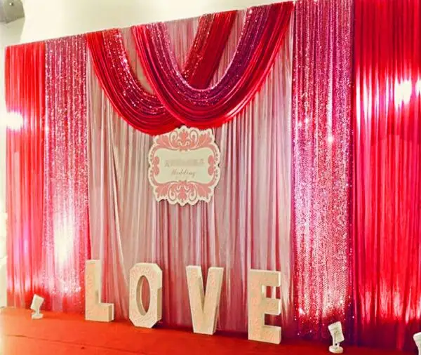 Luxury Wedding Backdrop Curtain White Background Drapery Red and Sequin Swag Pleated Event Party Home Decoration