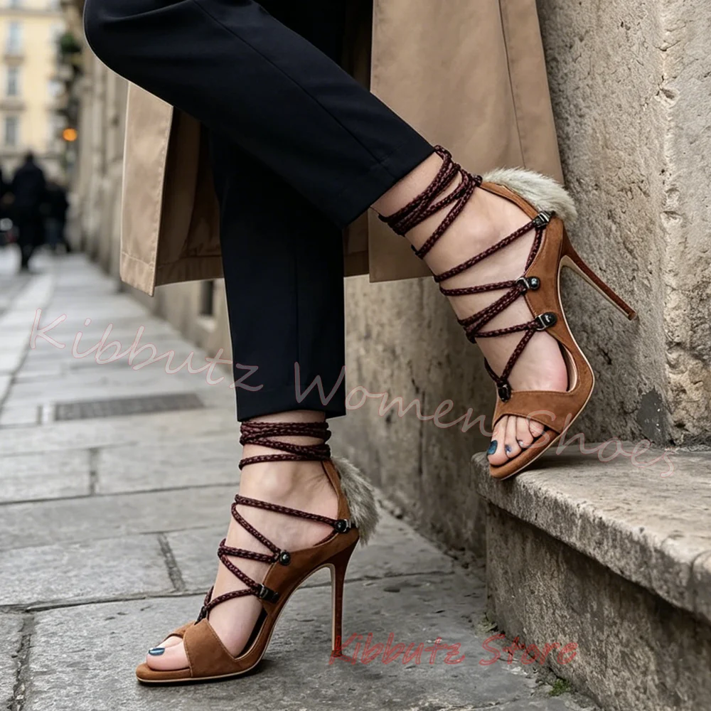 Suede Furry Sandals Lace-Up Women Shoes Mixed Color Round Toe Thin Heel Solid Color Leather Fashion Luxury Elegant Concise Sexy