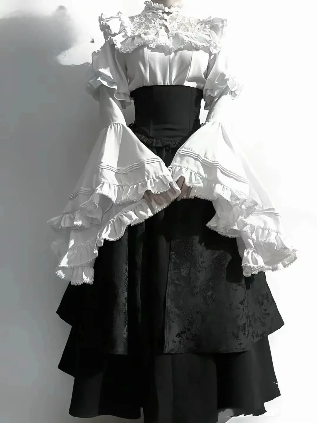 قميص قوطي Y2k توب لوليتا بنات مظلة كشكش تنورة عالية الخصر المتضخم تنورة طويلة القرن كم طويل طالب بلوزة أنيقة