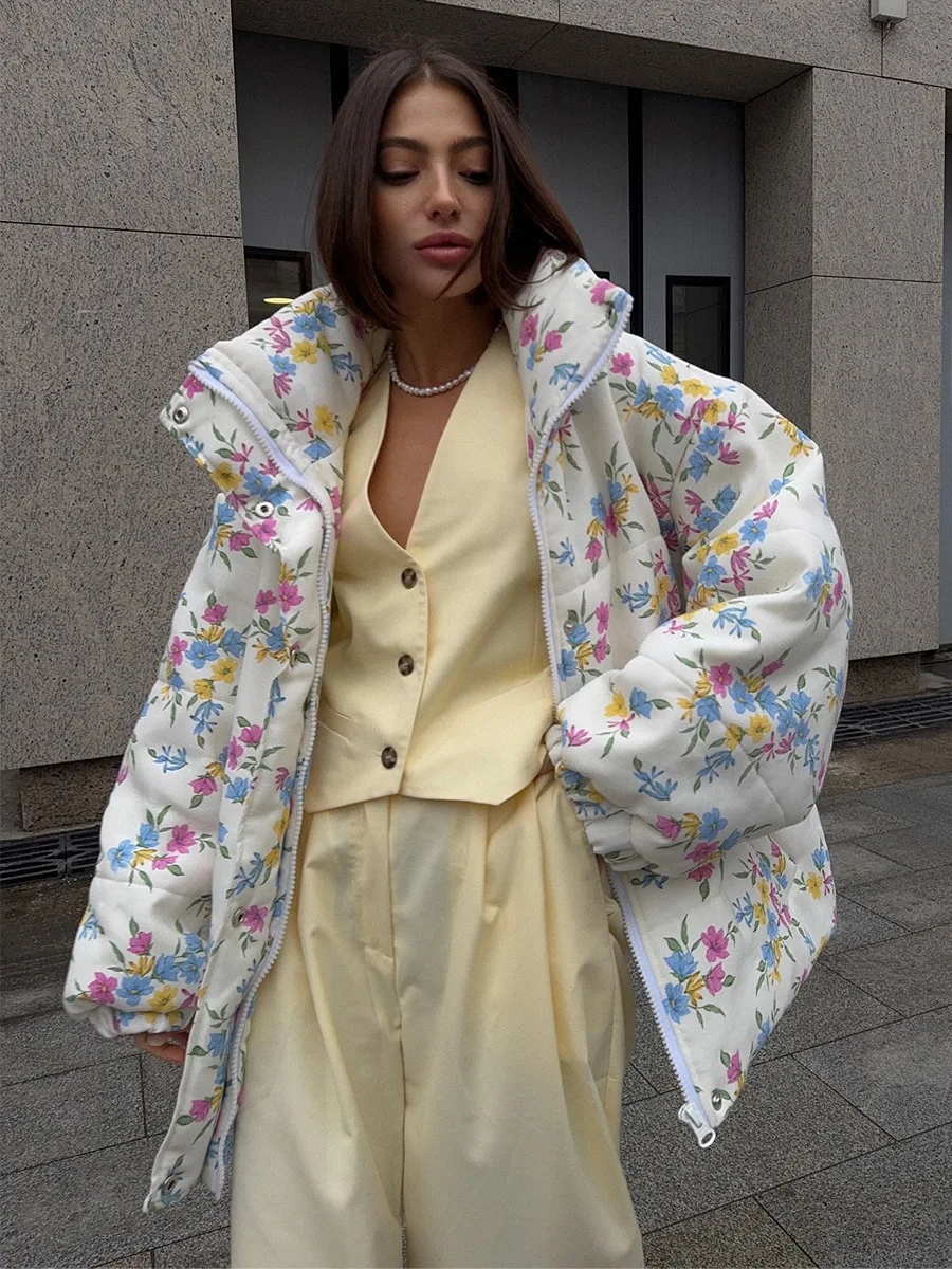 

Blubelle New Women's Puffer Jacket Stand Up Collar Zipper Closure Floral Print Warm Cotton Filled Coat Oversized Autumn Winter