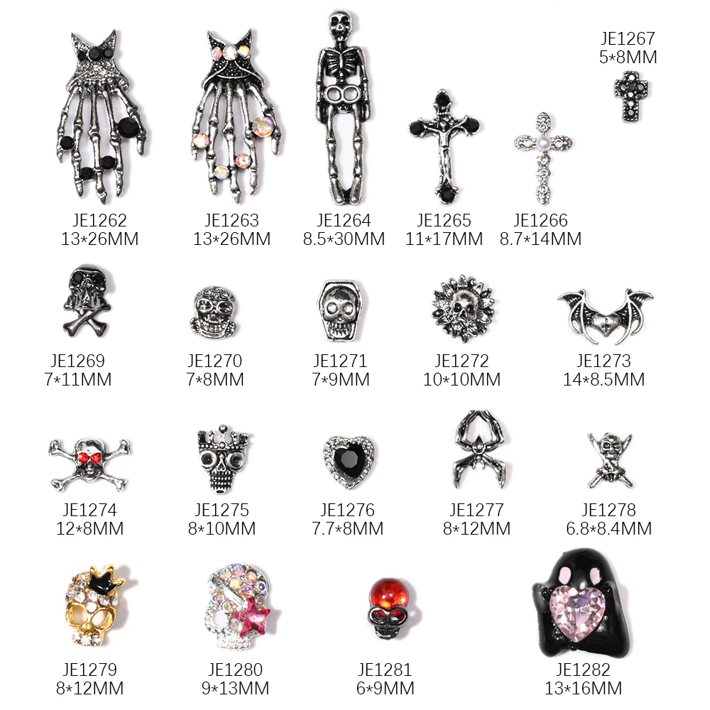 10PCS Gothic Punk Alloy 3D Nail Art Charms Herz Skelett Kreuz Spinne Design für Halloween Nägel Dekoration