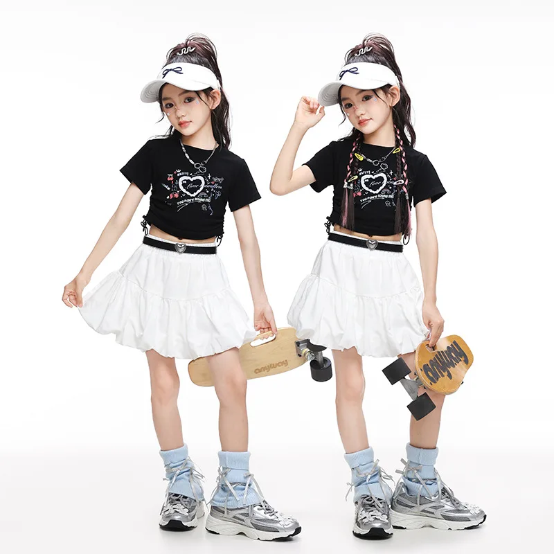 Hip Hop Kids Sweet Crop Top Street Dance Tiered Skirts Girls Streetwear Children Jazz Cheerleader Costumes Stage Clothes Sets