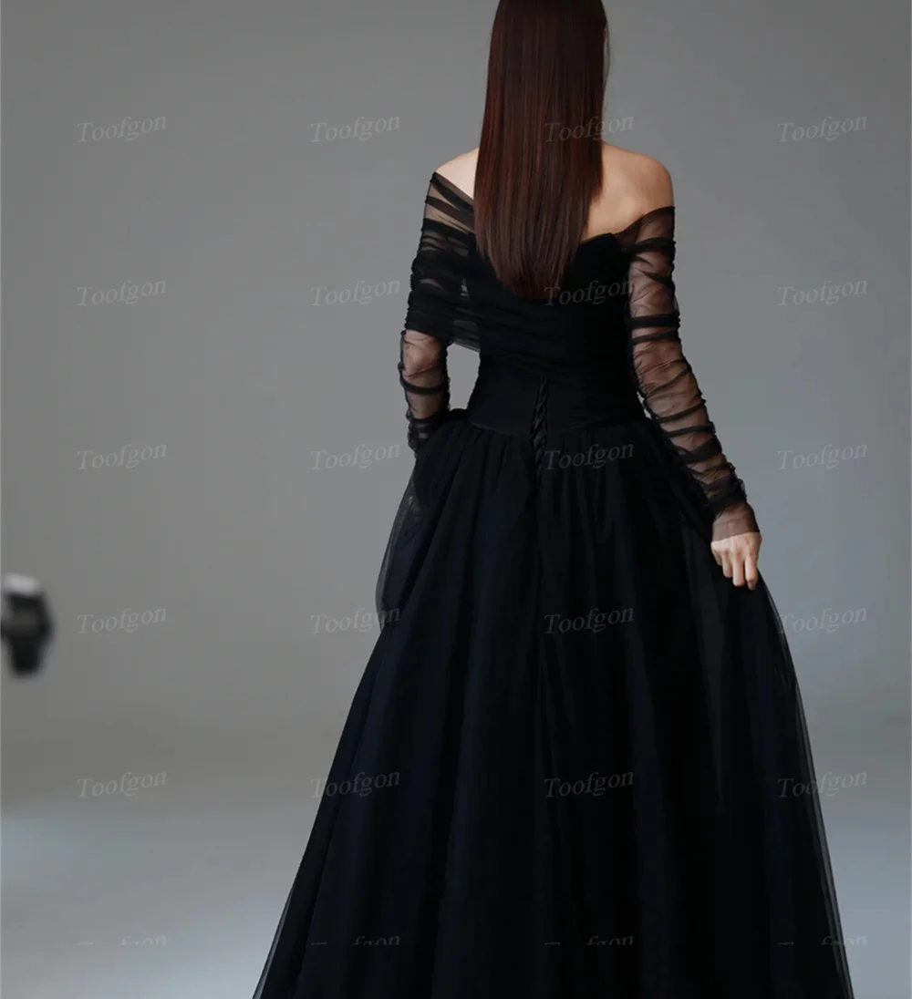 Black Korea Lady Prom Dresses Corset Back Off Shoulder Long Sleeves Formal Evening Party Gowns Wedding Photo Shoot Customized