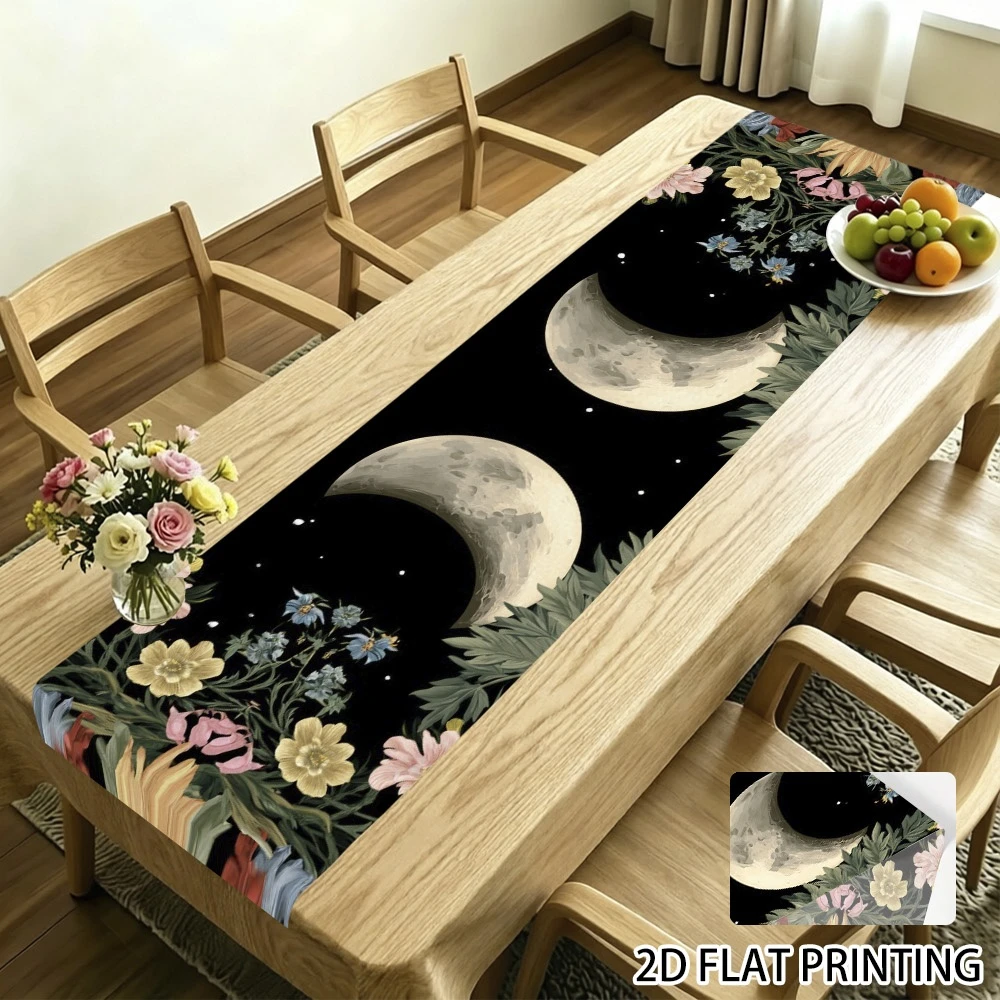 1pc Vintage Moon Phase Floral Table Runner Bohemian Night Sky Botanical Table Decor for Dining Kitchen Party