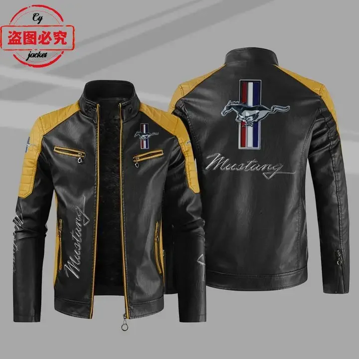 European Size Mustang Racing Logo Printed Racing Suit, Retro Washed PU Leather Jacket, Four Season Windproof Team Jacket