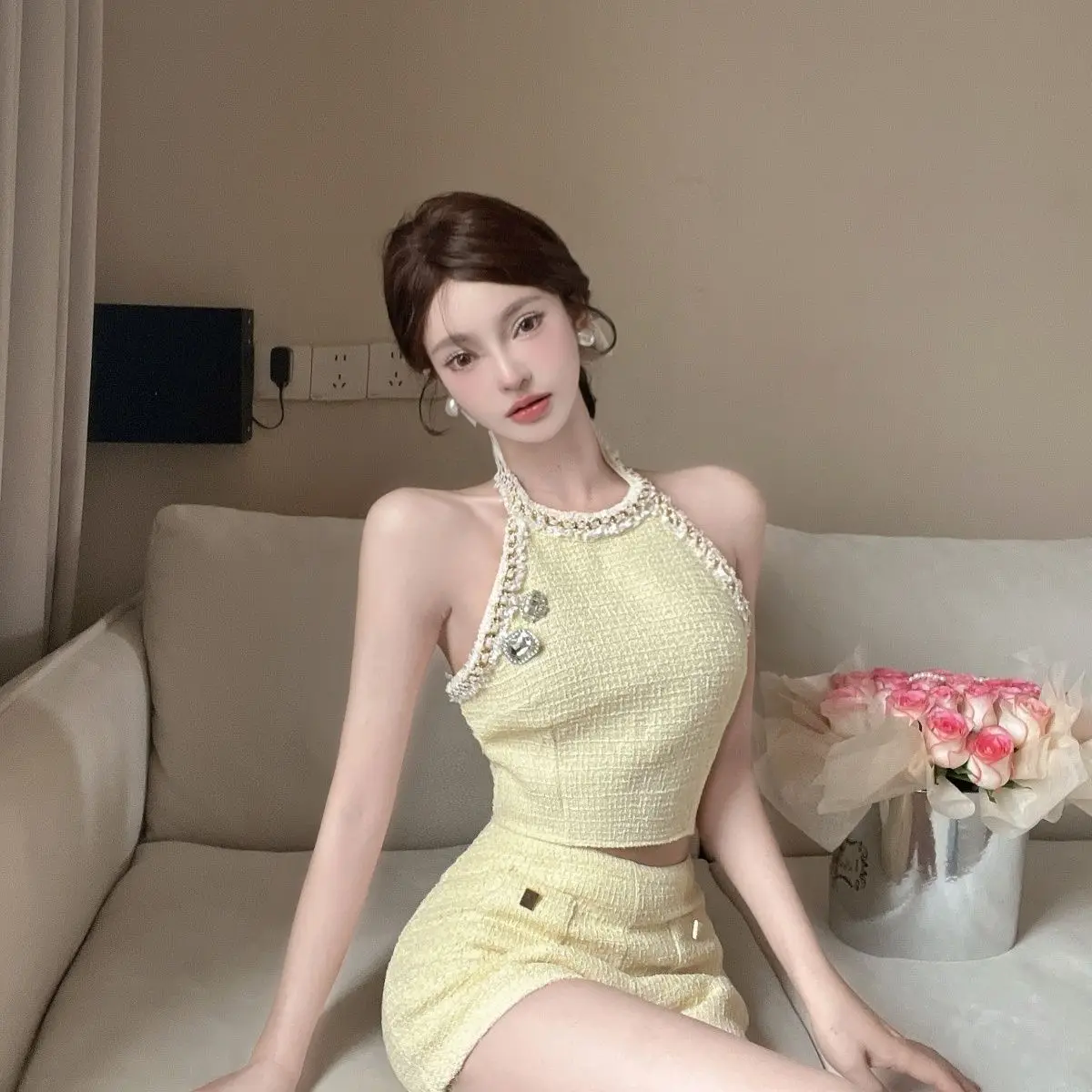 

French Style Sweet & Spicy Shorts Set Women Pure Desire Halter Neck Bodycon Suit Luxury Instagram Famous Outfit High Quality