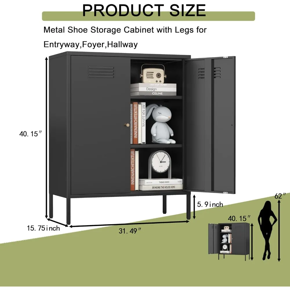 خزانة تخزين معدنية لغرفة النوم، غرفة المعيشة، المنزل، الفندق، المكتب، المرآب، 3 طبقات، رفوف قابلة للإزالة (2 باب معدني H40.15 بوصة