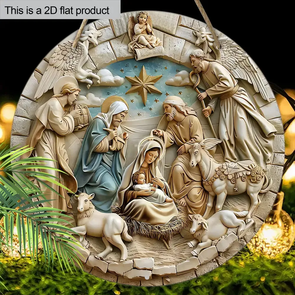 2D Flat 2D Flat Classic Wooden Nativity Decoration: The Family of Mary, And Joseph, Along with Sheep And a Horse. Wall Hanging,