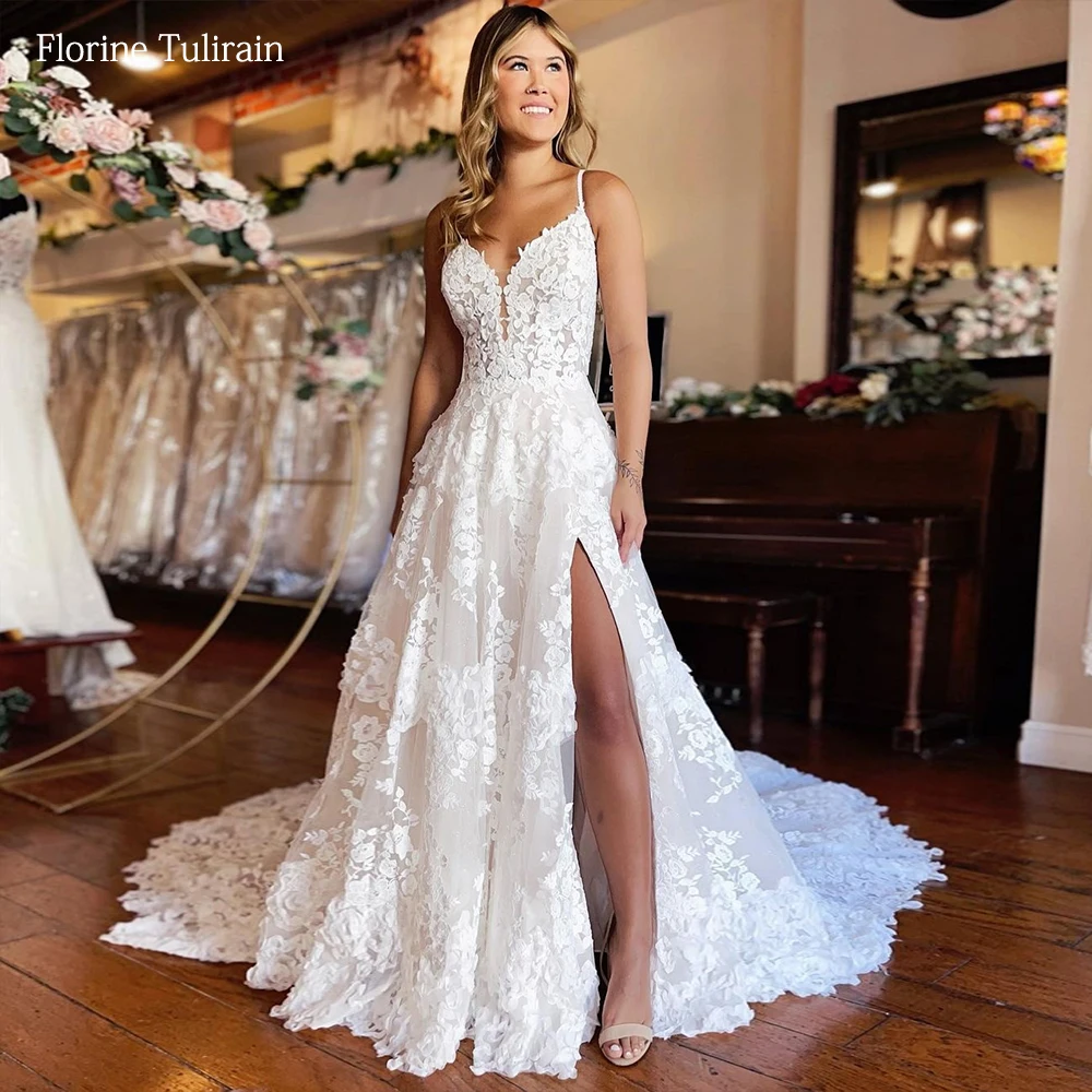 Bespoke Cổ Chữ V Chữ A Áo Cưới Với Chân Váy Xòe Caro Nhà Nguyện Đoàn Tàu Abito Da Sposa Completamente Ở Pizzo Macramè Hở Lưng