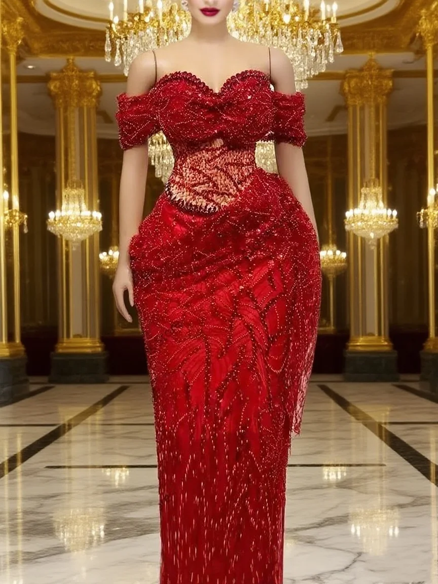 Aso Ebi Red Lace Beaded Off The Shoulder Mermaid Evening Dresses 2025 Sparkly Crystals Wedding Party Gowns Prom Dress Customized