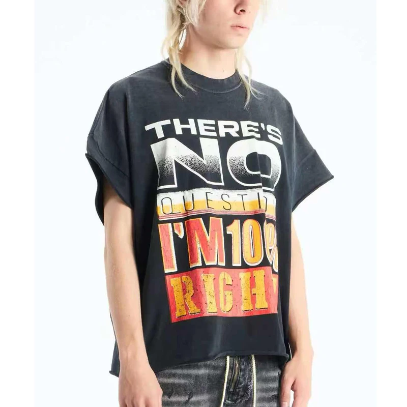 SECND SLF Street Fashion Brand Retro Washed Black Printed Short Sleeved Shirt 2026 New Style Round Neck Tops
