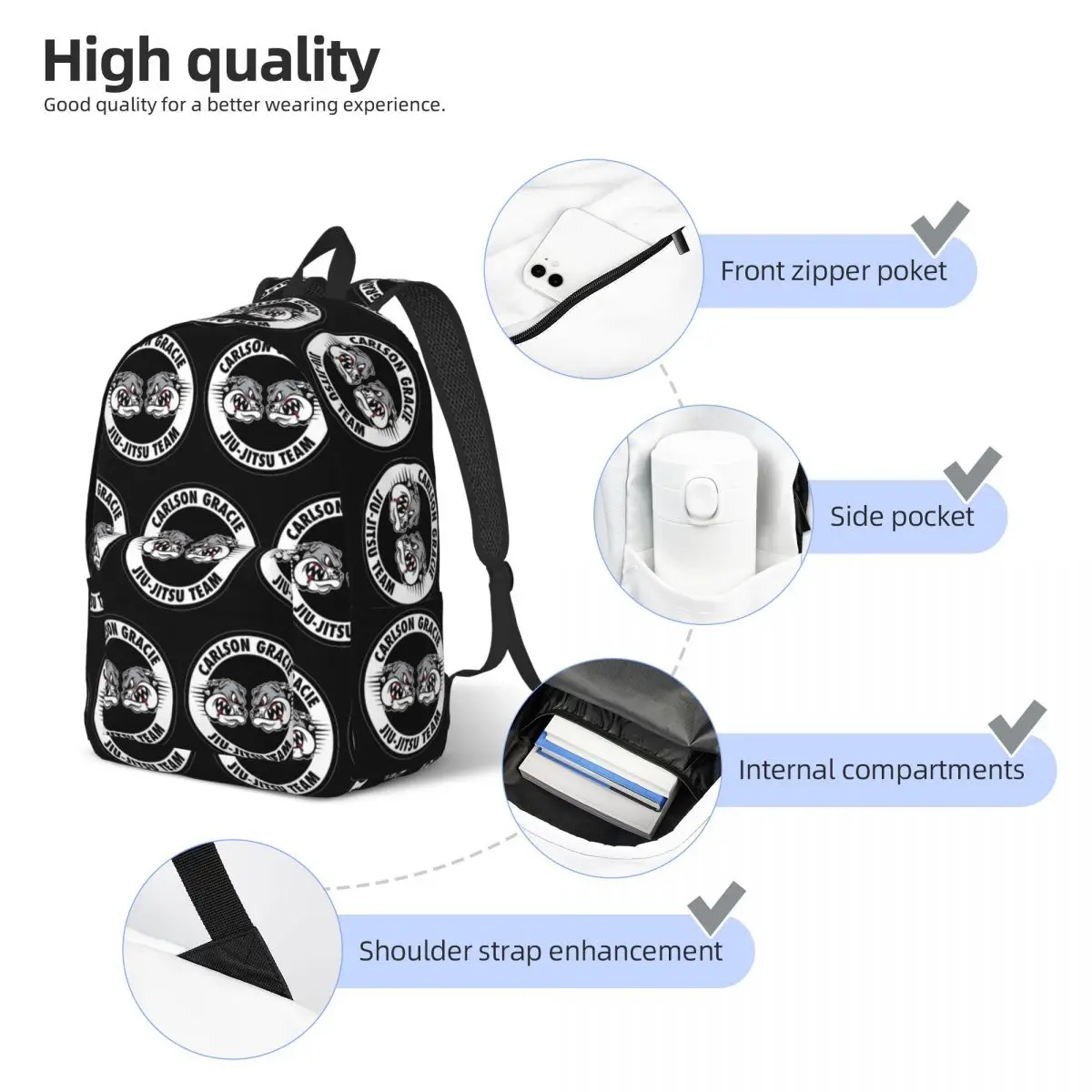 Carlson Gracie Jiu Jitsu Team Student Backpack School Bag Hiking Travel Daypack for Men Women Bookbag Shoulder Bags