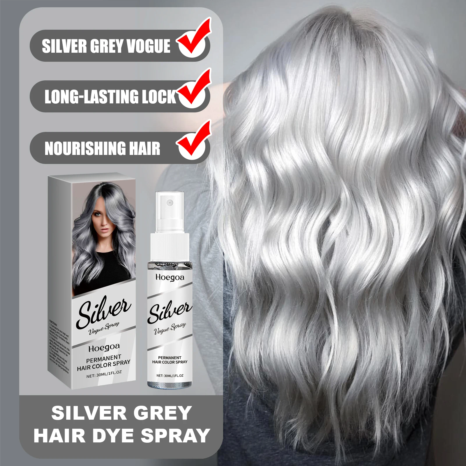 HOEGOA-Spray de tinte para el cabello gris plateado, Color de bloqueo de larga duración, fórmula de extracto de planta, raíces nutritivas, cuidado del cabello, previene la sequedad