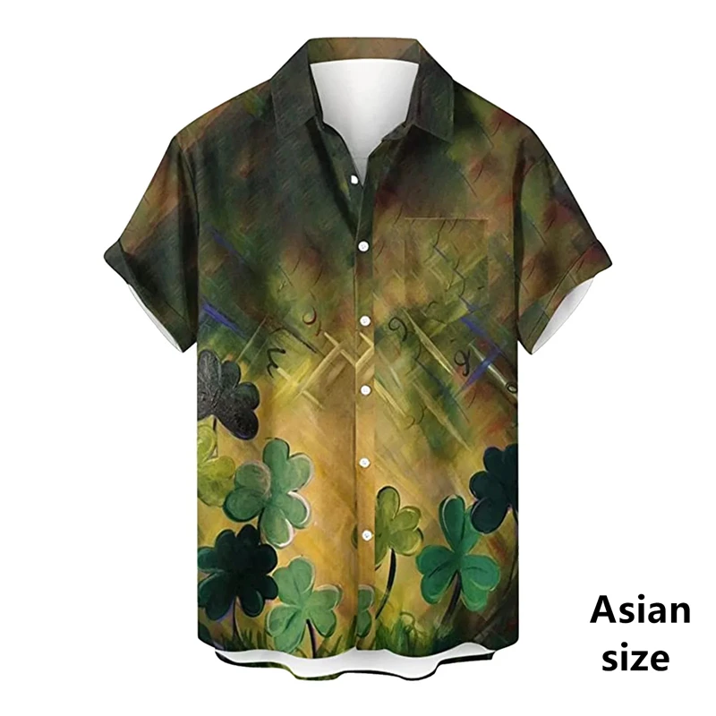 St. Patrick'S Day Mens Shirts New Sports Leisure Fashion 3D Green Clover Print Short Sleeve Shirts Men Hawaiian Festival Clothes