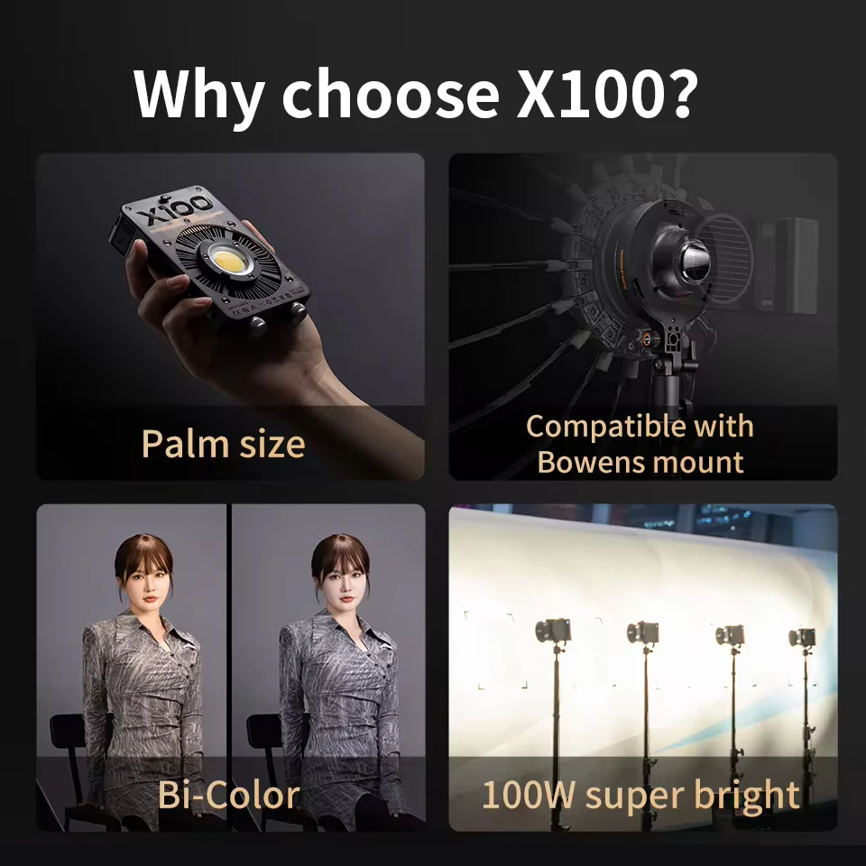 ZHIYUN MOLUS X100 COB LED Pocket Video Light,Portable 100W 2700K-6500K CRI 95+ TLCI 97+ with Bluetooth App Brightness Control