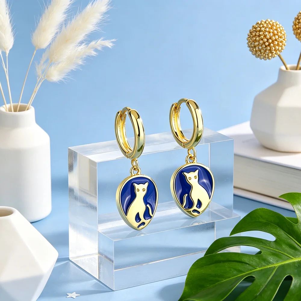 Korean Style Genuine 925 Sterling Silver Blue Enamel Simple Temperament Cute Cat Hoop Earrings Female Ear Buckle Jewelry