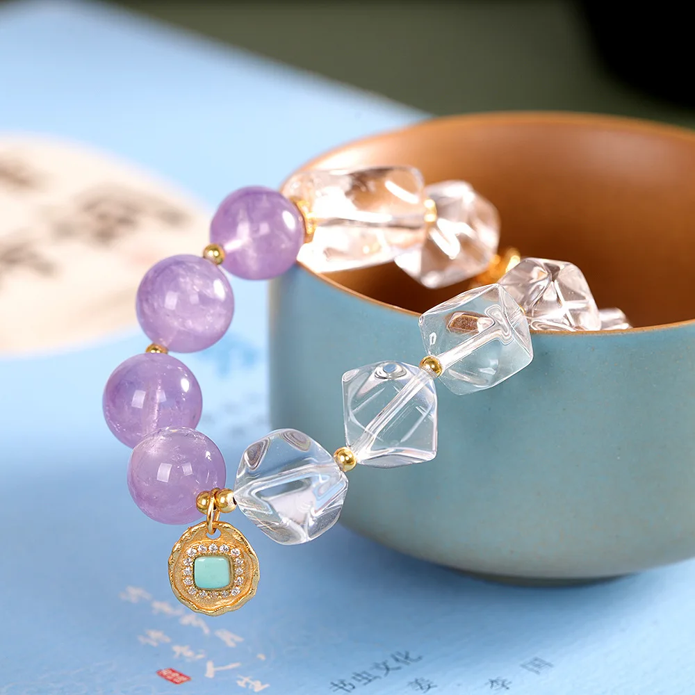 

Natural Lavender Purple Kunzite Bracelets for Women Irregular Clear White Crystals Bracelets Turquoise Charms Gilded 925 Silver