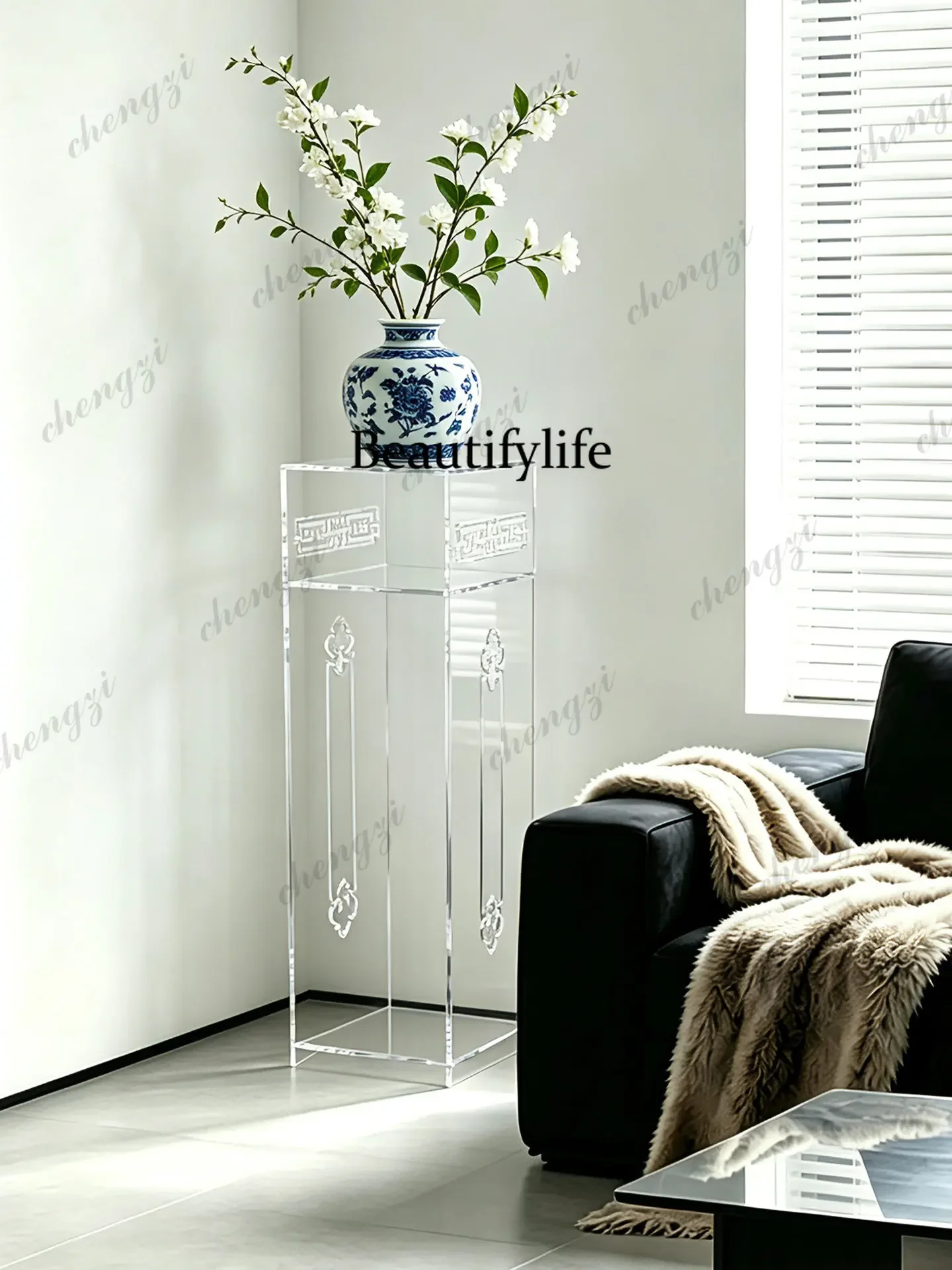 Acrylic transparent flower stand New Chinese floor-to-ceiling living room display storage Green plant flower pot stand