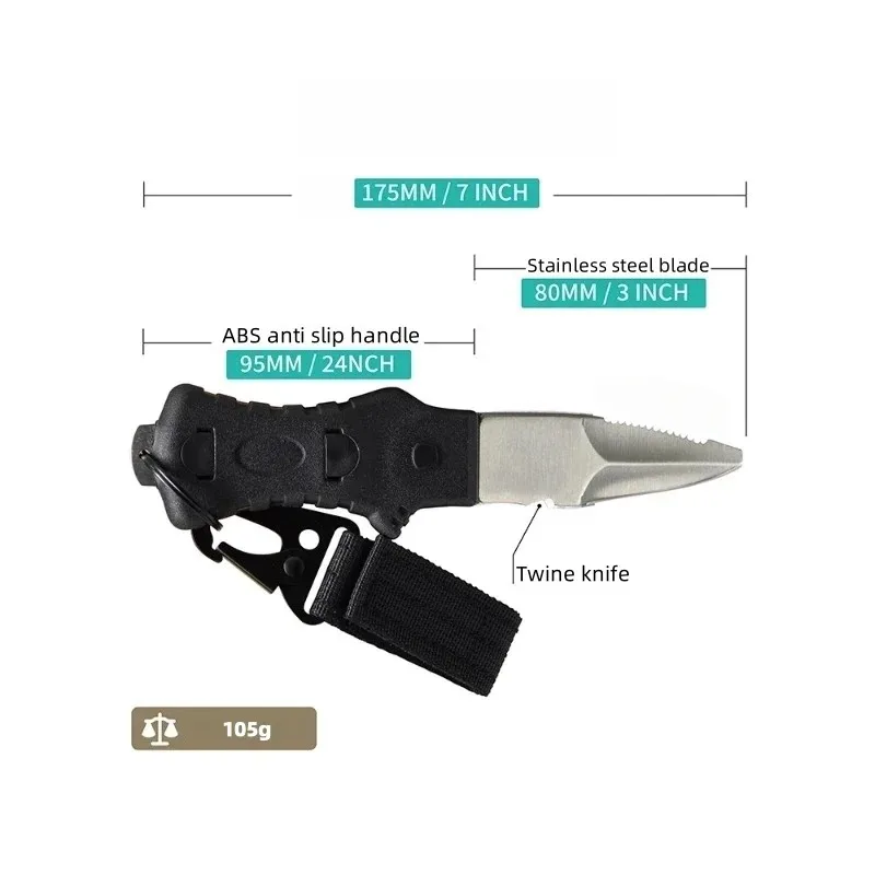 سكين إنقاذ المياه في الهواء الطلق، أداة غوص من الفولاذ المقاوم للصدأ مع قاطع حبل، سكين صيد الأسماك بالرمح للطوارئ والبحرية #4