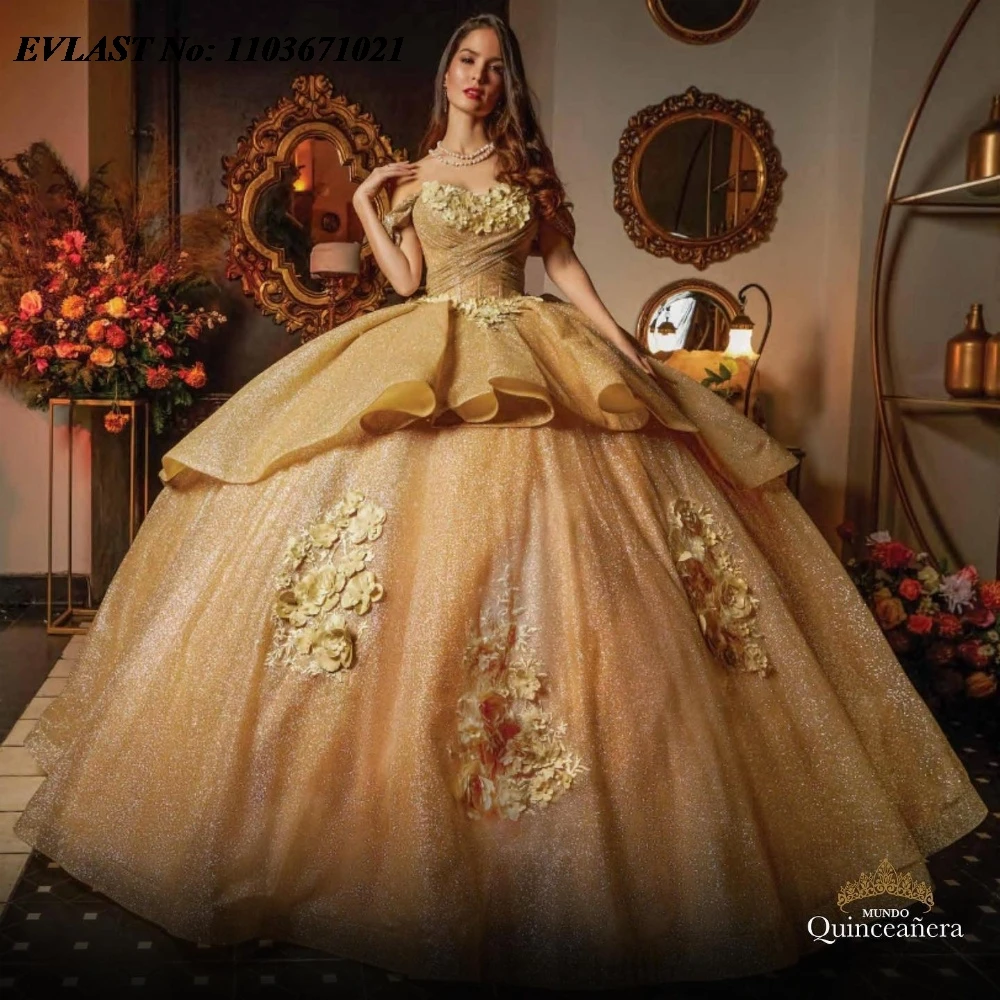 

EVLAST Sparkly Gold Quinnceanera Dress Ball Gown Shiny Lace Applique Beaded Tiered Corset Sweet 16 Vestidos De 15 Anos SQ711