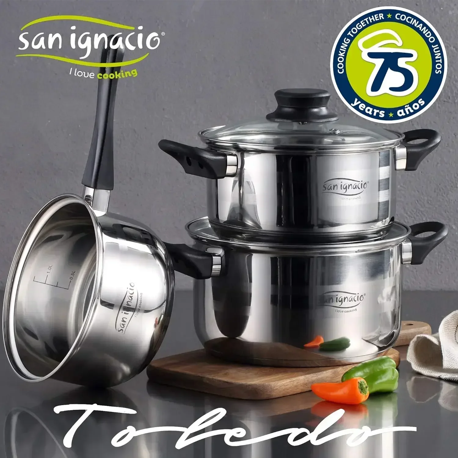 San Ignacio 5 Ø16/20/24CM Batería Cocina SIP de 8 Piezas: cazo + 2 ollas 2 Tapas de Vidrio y Set de 3 sartenes 16/20/24 cms