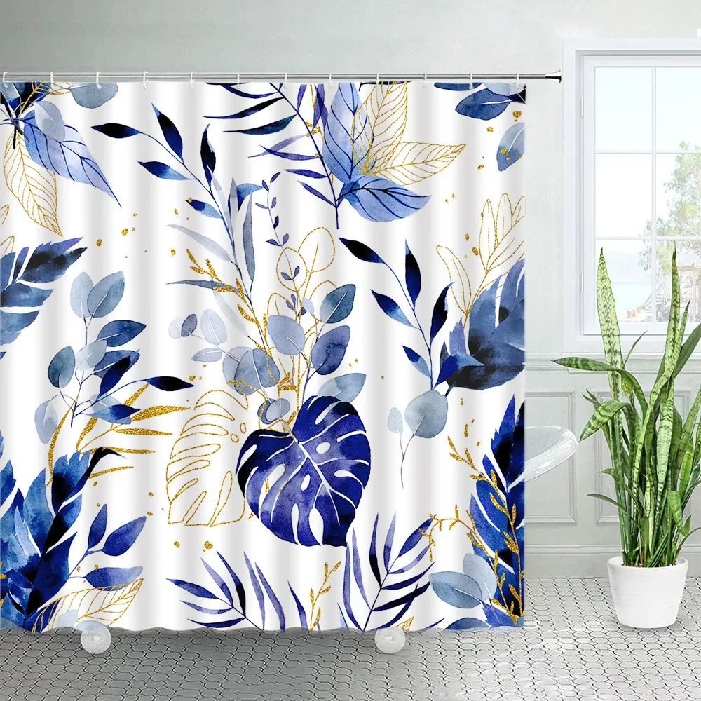 Gold Black Leaves Shower Curtains Tropical Plants Monstera Palm Leaf Creative Ink Art Fabric Bathroom Decor Bath Curtain Sets