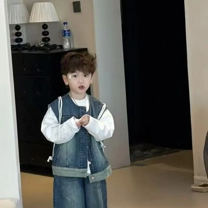 Kids' Autumn New Korean Style Denim Vest Jeans Cape Two Piece Set for Boys Stylish Trendy Fashion