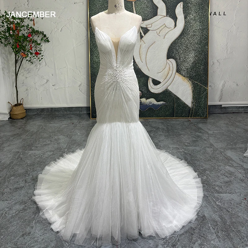 

Современное простое свадебное платье из органзы по индивидуальному заказу без бретелек Русалка с открытой спиной Формальное плиссированное свадебное платье для взрослых с скользящим шлейфом