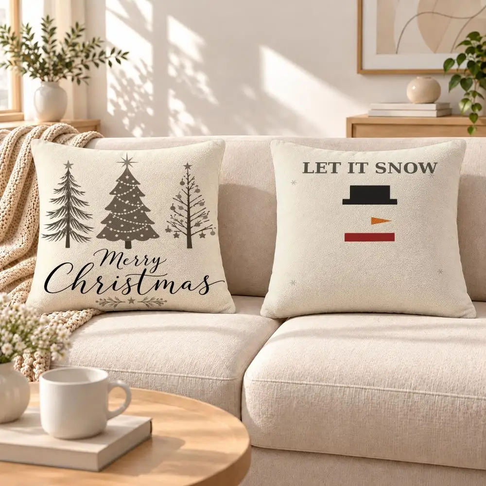 Holiday Minimalist Neutral Christmas Cushion Cover Soft Short‑Plush Pillowcase, Sofa Bedroom Home Decor, Holiday Gift