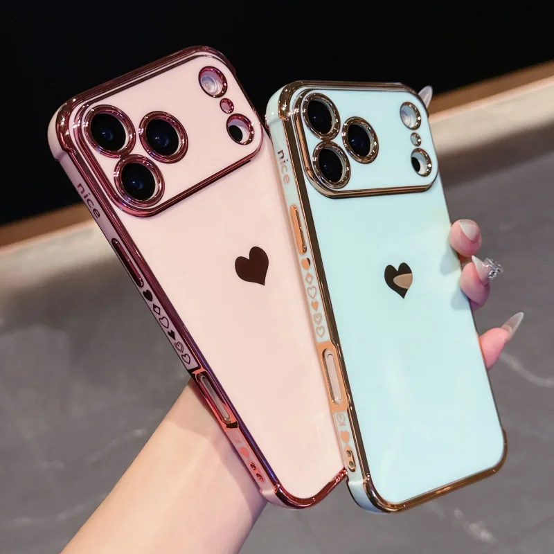 Luxury Plating Love Heart Soft Phone Case For iPhone 17 Air 16 15 14 13 12 11 Pro Max Mini Plus Edge Pattern Silicone Back Cover