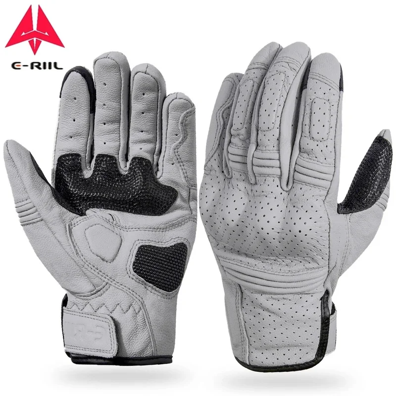 Retro Real Leather Motorcycle Gloves Moto Waterproof Gloves Full Finger Guants Motorcycle Protective Glove Motocross Items Gray