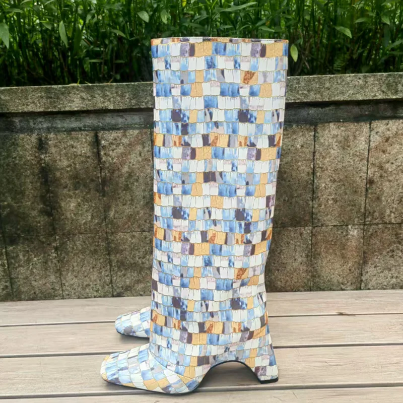 

Multicolor Plaid Pattern Women Strange Heels Knee High Boots Square Toe Chunky Heels Checkered Female Modern Runway Shoes