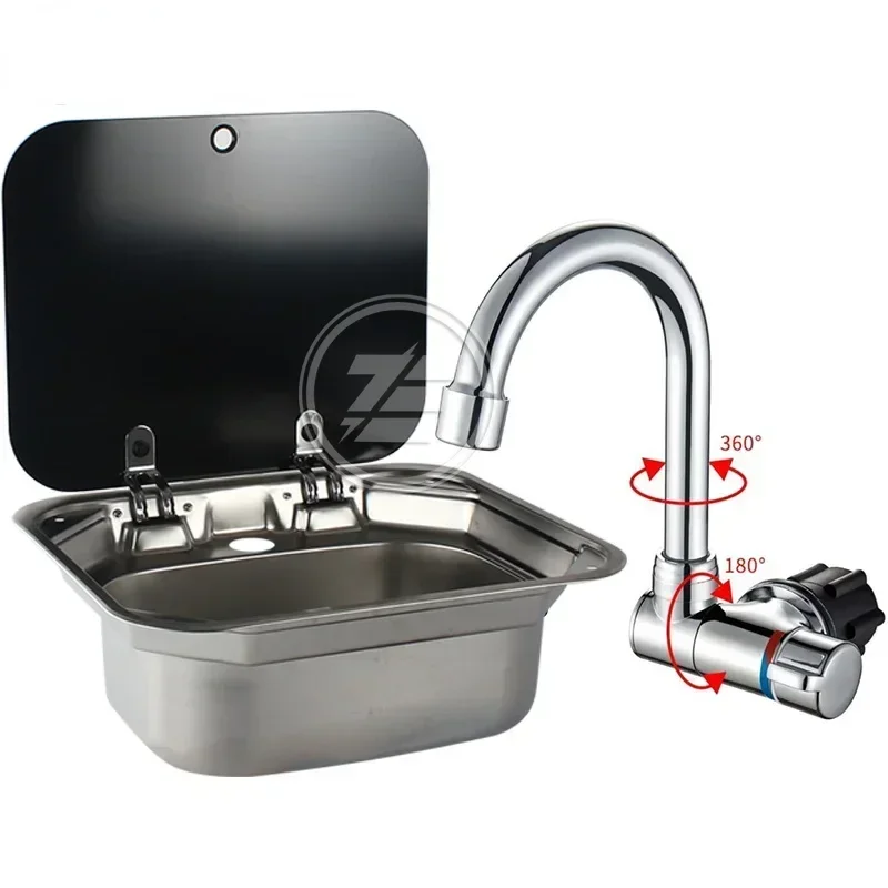 RV Sink Caravan Stainless Steel Hand Wash Basin Sink with Folded Faucet Tempered Glass Lid Washbasin Boat Camper Trailer