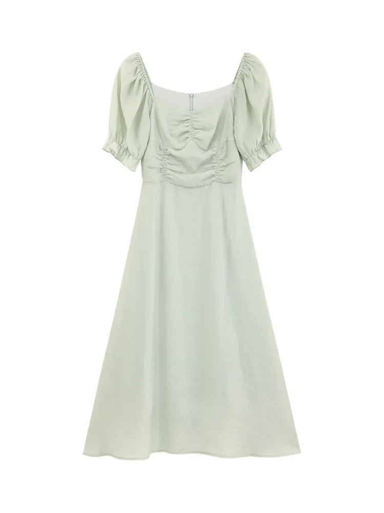 스퀘어 넥 퍼프 슬리브 셔링 미디 드레스, 로맨틱 코티지코어 스타일의 여름 우아한 슬림핏 A라인 홀리데이 롱 드레스