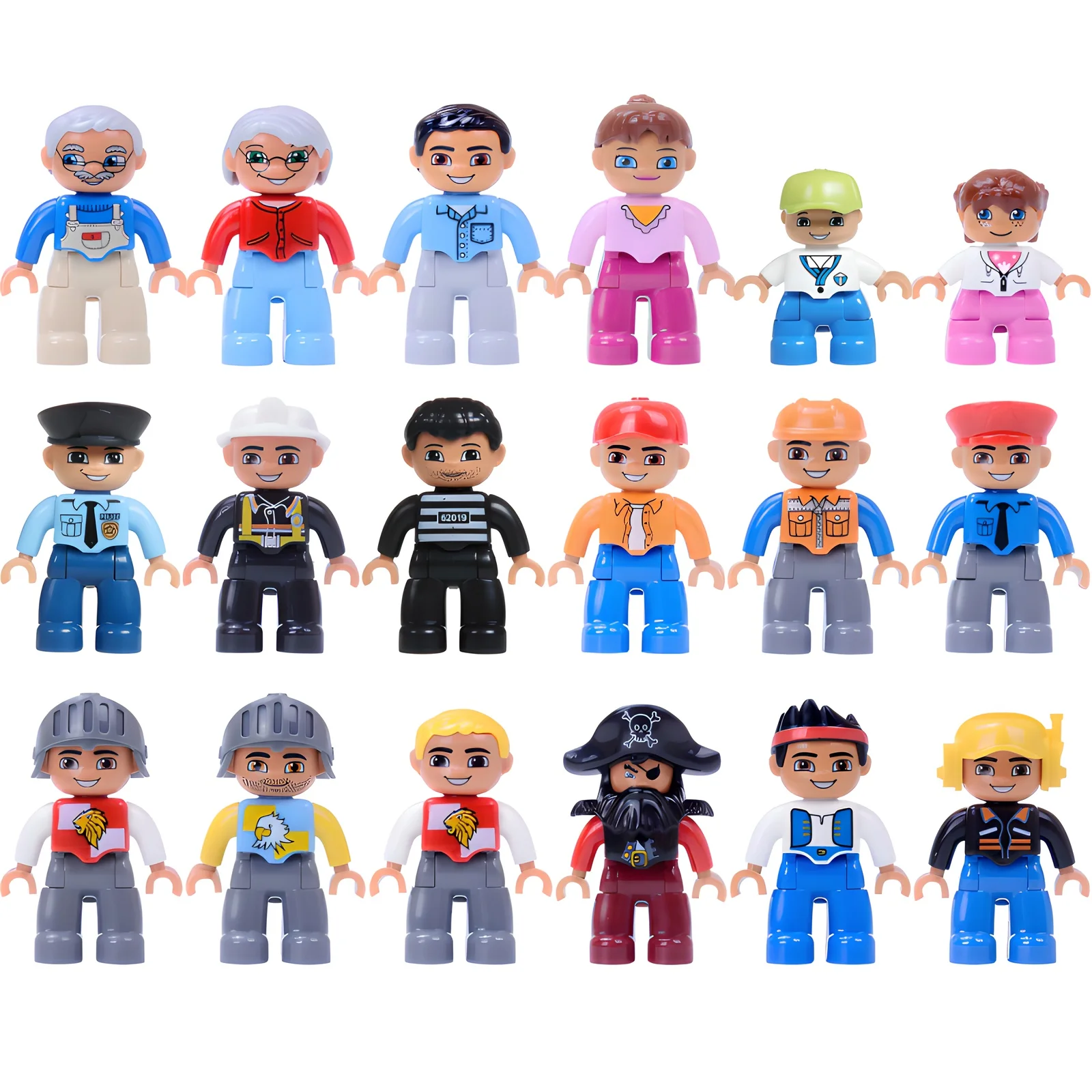 

Large Particle Building Block Figures Set, Diverse Roles Including Family, Occupations, Knights & Pirates