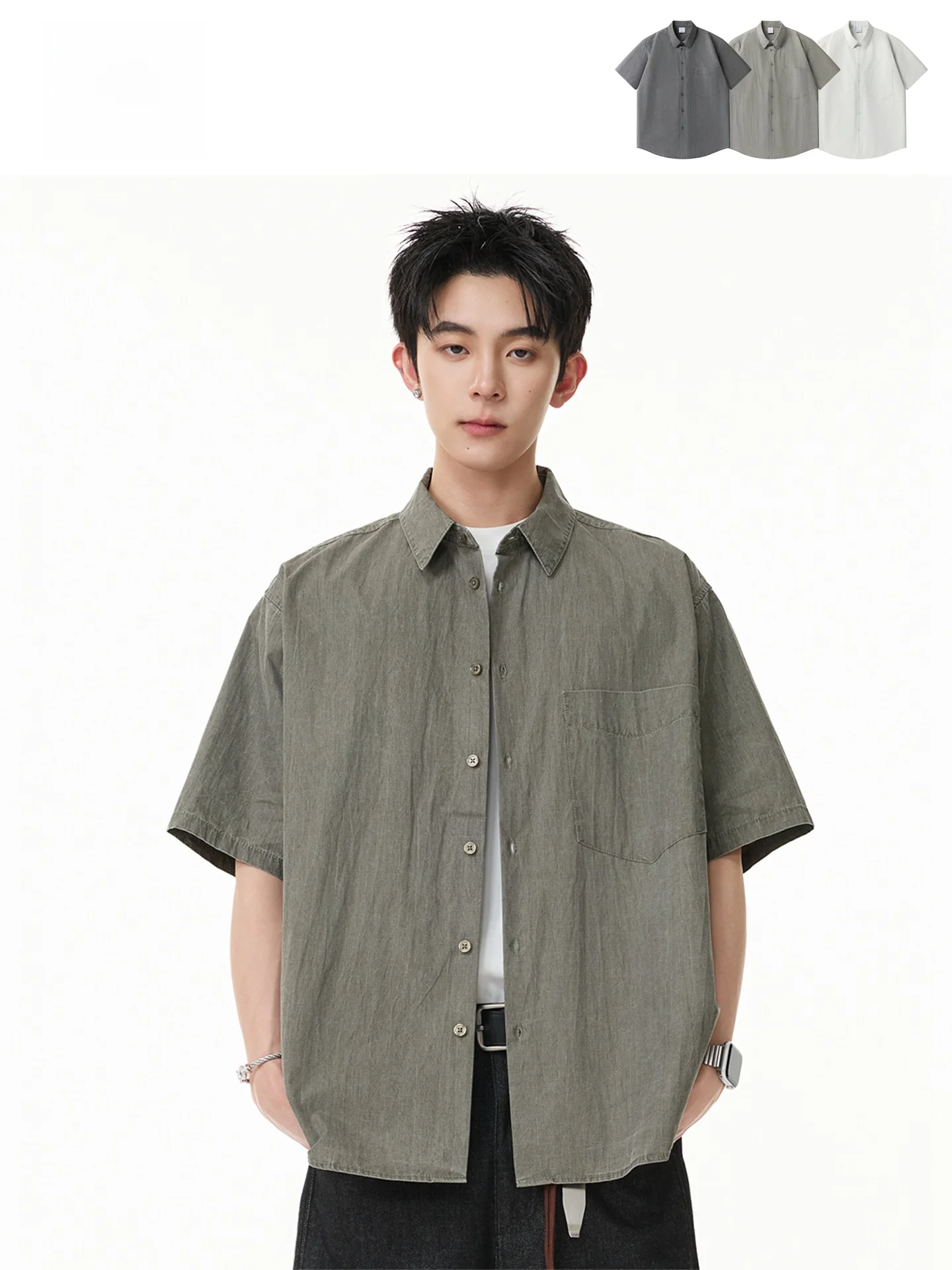 

GPstudio Japanese Style Cityboy Pleated Short Sleeve Men's Summer Commute Loose Pure Color Thin Shirt Breathable Cotton Nylon...