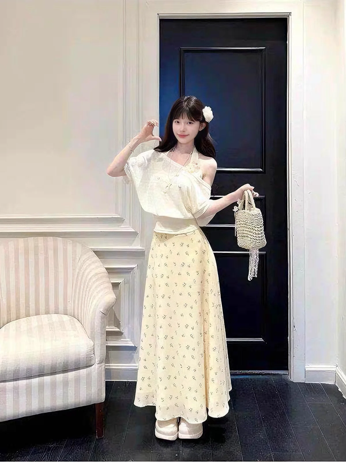 Light Yellow Floral Print Slimming High Waist  Skirt Sweet Girl's Summer 2026 Fashion Korean Style Breathable Skirt
