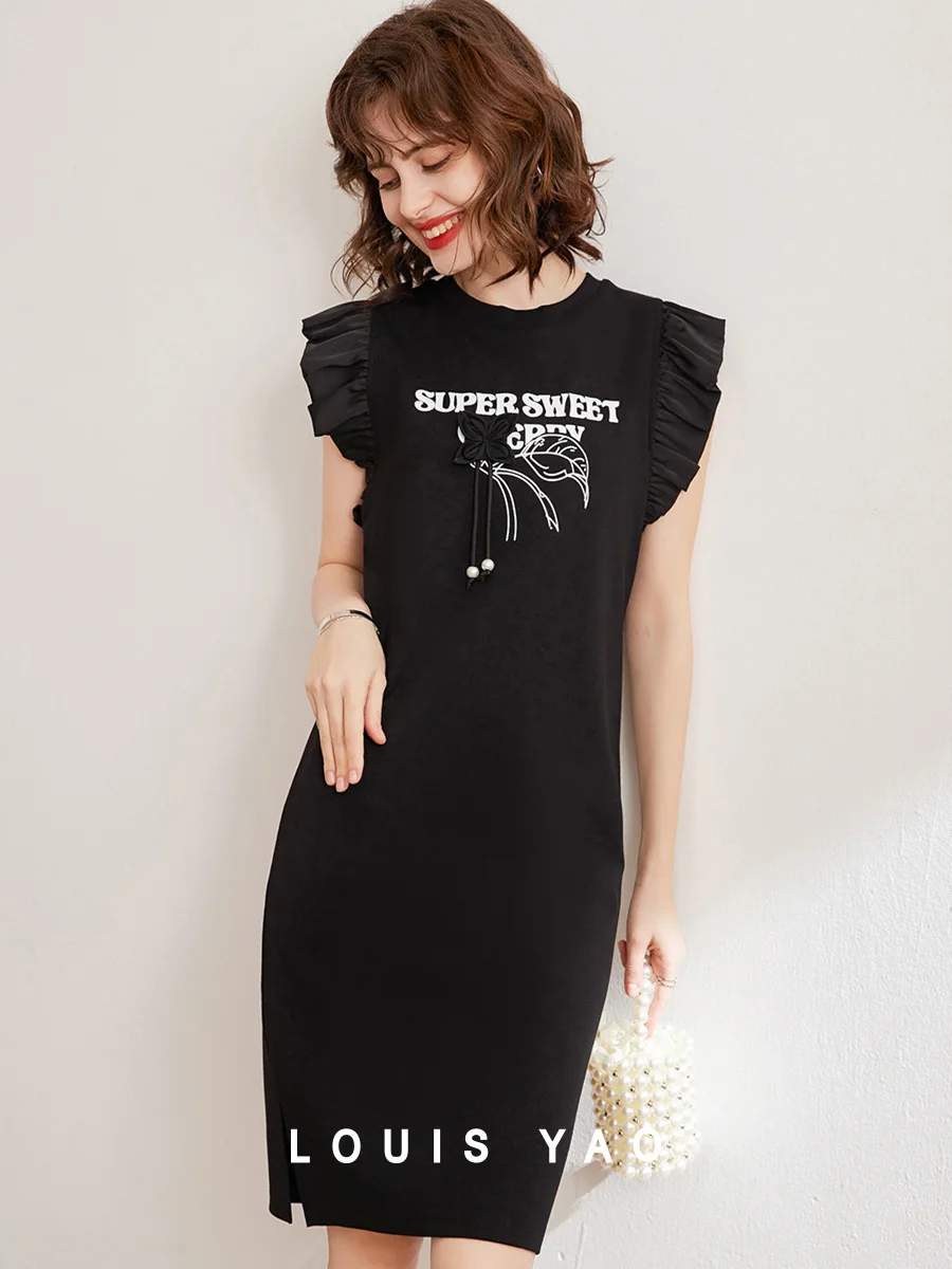 

LOUIS YAO 2025 Summer Ruffle Splicing Small Flying Sleeves Age Reducing Round Neck Printed Medium Length Dress for Women