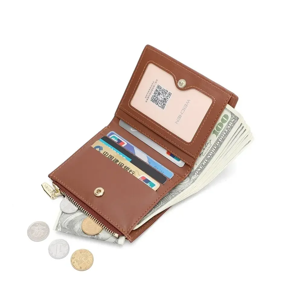 محفظة نسائية عصرية قابلة للطي قصيرة عالية الجودة من جلد البولي يوريثان بسحاب، محفظة صغيرة بلون سادة ونافذة تعريف متعددة الاستخدامات #4