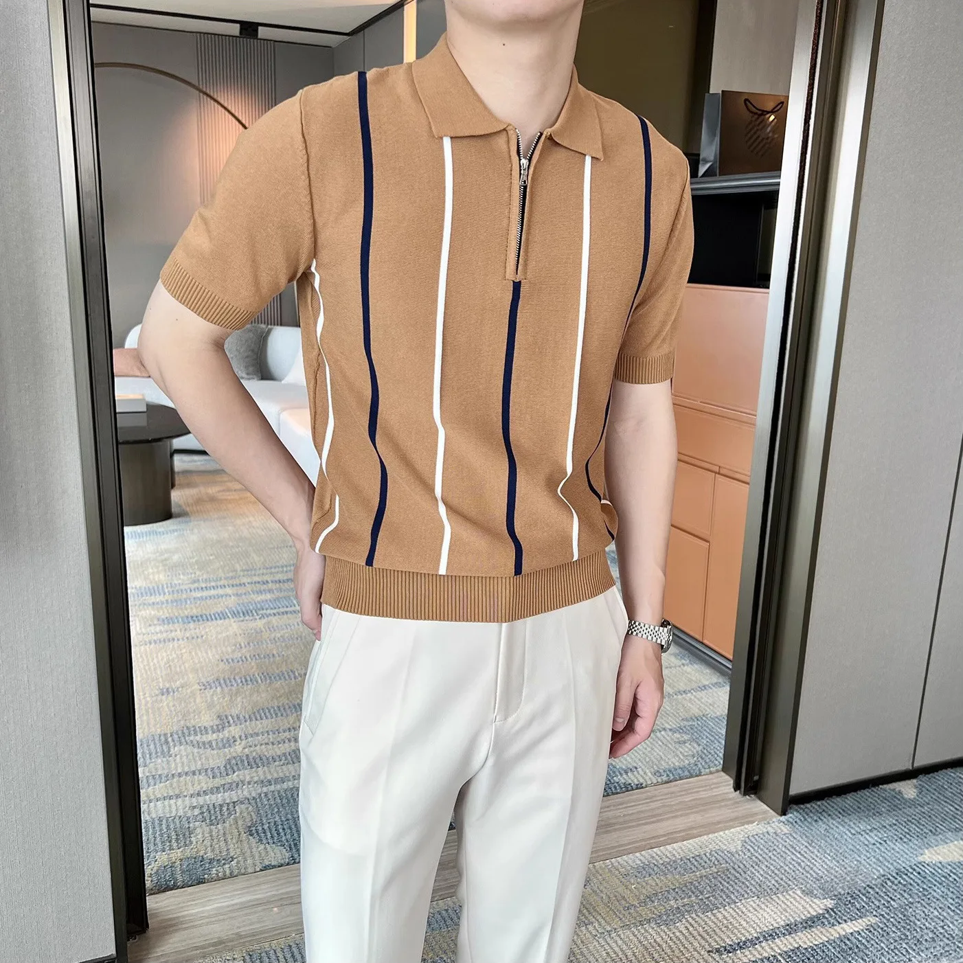 Summer Vertical Striped Half-Zip Lapel Short Sleeve Knit Polo Shirt Men's Business Casual Top