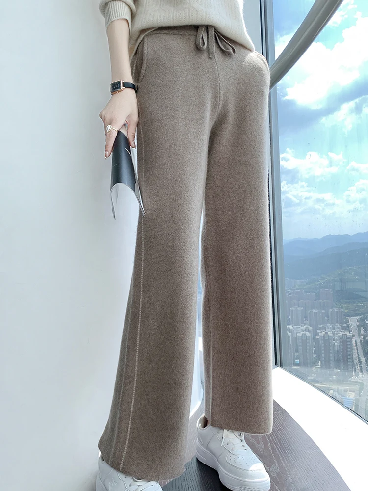 New Women\'s Wool Pants Autumn Winter 100% Merino Wool Straight Pants Thick Soft Pocket Casual Simple Style Cashmere Trousers