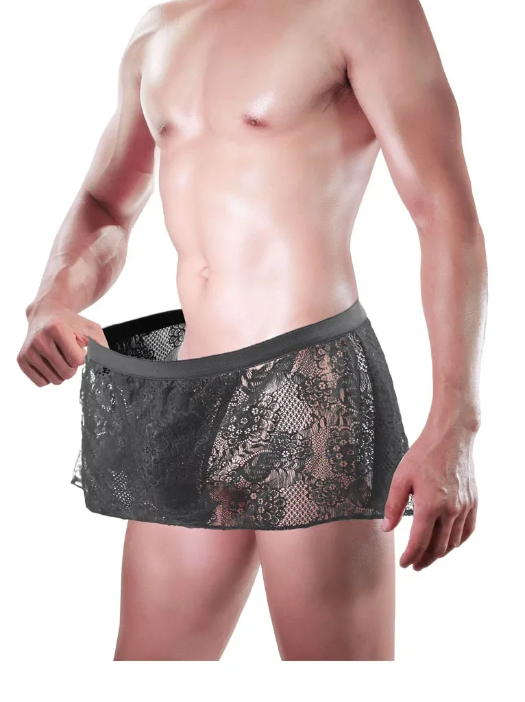 ผู้ชาย Swing กระโปรง Sissy เร้าอารมณ์ T กลับกางเกงเกย์ต่ําเอวลูกไม้ดูผ่าน Crossdressing บาง Sheer G-String ชุดชั้นใน