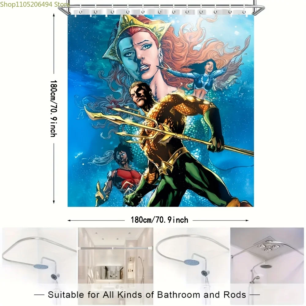 

1 шт., занавеска для душа с крючками в стиле аниме по мотивам фильма «Аквамен», 180,09x180,09 см - Яркая подводная сцена с супергероями, идеально подходит