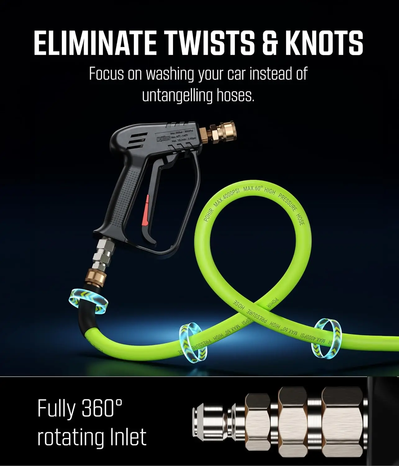 

Short Pressure Washer Gun with Swivel - High Pressure Water Handle with 3/8" Male Plug and 1/4” Quick Connector Coupler
