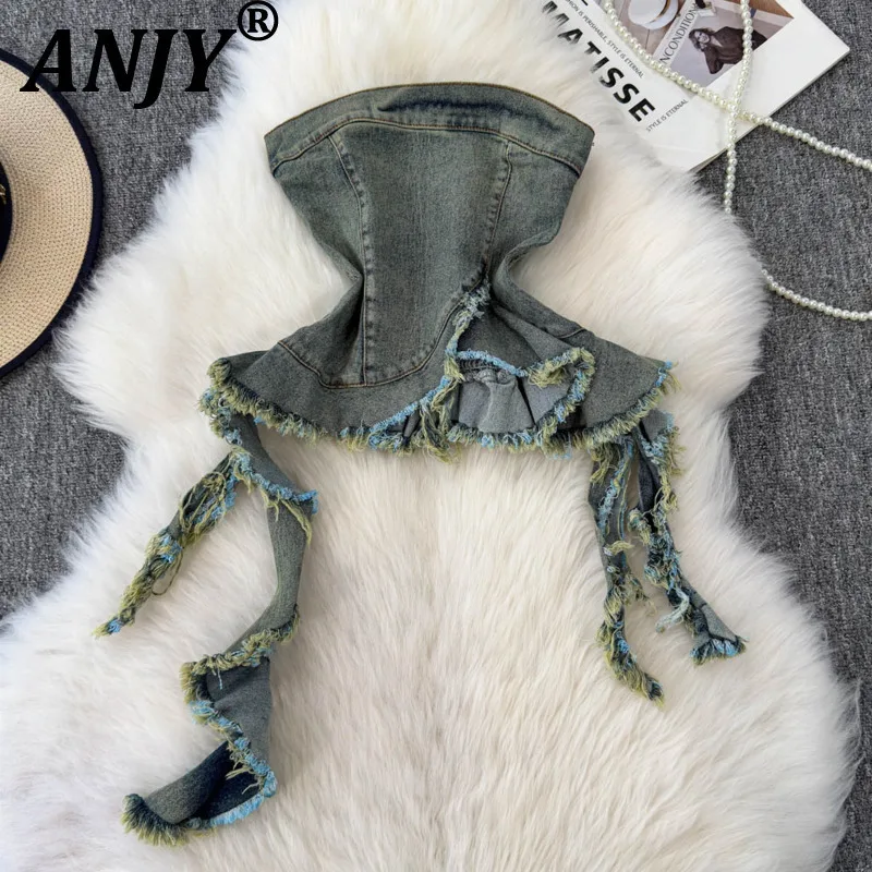 

ANJY Summer New Women Y2K Chic Vest Asymmetrical Frayed Ribbon Distressed Denim Strapless Sexy Stylish Streetwear Tank Top A9735